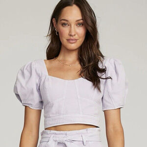 NWT Saltwater Luxe Kelden Top Denim Puff Sleeve Crop Smocked Lilac Sz S